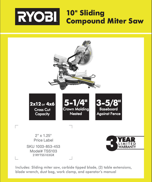 RYOBI 18V 10" SLIDING COMPOUND MITER SAW