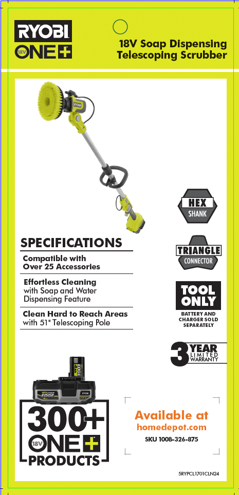 RYOBI ONE+ 18V 300+ TELESCOPING SCRUBBER HANG TAG