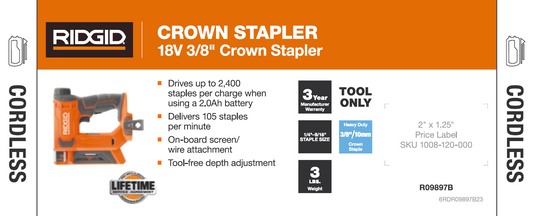 D25H RIDGID 18V 3/8 CROWN STAPLER
