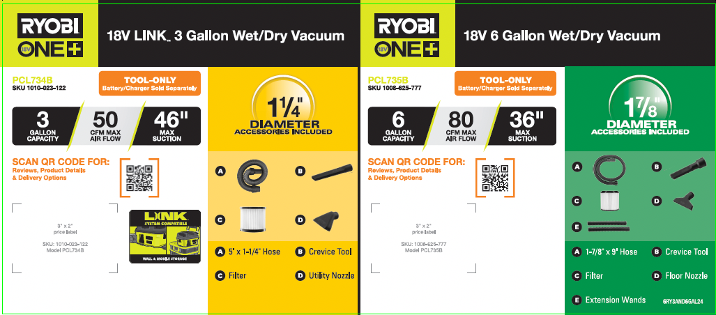 RYOBI ONE+ 18V 3 PCL734 AND 6 PCL735 GAL. DISPLAY