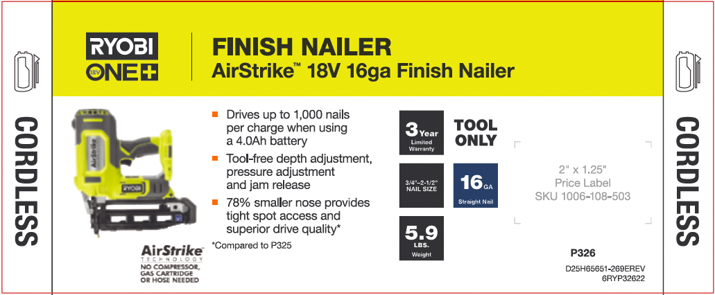 RYOBI ONE+ 18V 16GA AIRSTRIKE FINISH NAILER