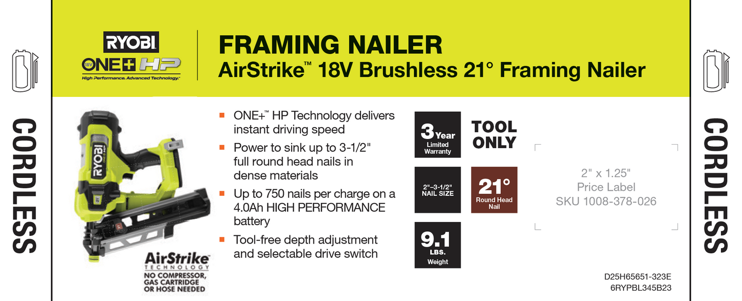 RYOBI 18V AIRSTRIKE 21 DEG FRAME NAILER