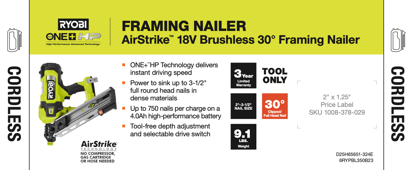 RYOBI ONE+ 18V AIRSTRIKE 30 DEG FRAME NAILER