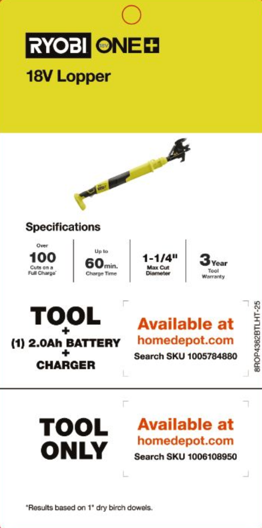 RYOBI 18V Lopper Hang Tag