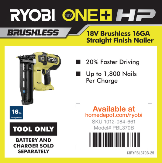 RYOBI ONE+ 18V HP BRUSHLESS STRAIGHT FINISH NAILER