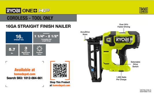 RYOBI ONE+ 18V STRAIGHT FINISH NAILER