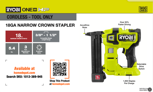 RYOBI ONE+ 18V 18G NARROW CROWN STAPLER