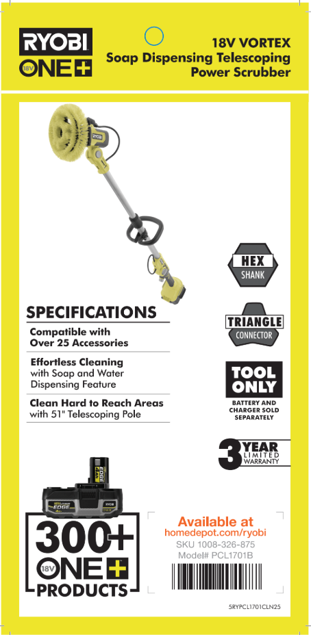 RYOBI ONE+ 18V 300+ TELESCOPING SCRUBBER HANG TAG