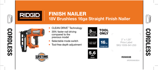RIDGID 18V Brushless 16G 2-1/2" Straight Finish Nailer - Display Stores Only