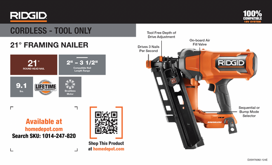 RIDGID 18V Brushless 21 Degree 3-1/2 in. Framing Nailer