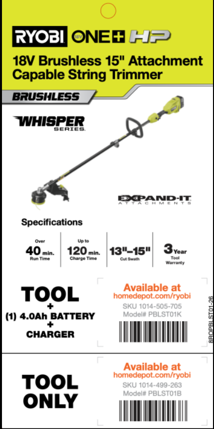 RYOBI 18V HP 15" String Trimmer Hang Tag