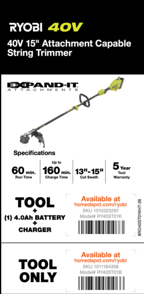 RYOBI 40V 15" String Trimmer Hang Tag