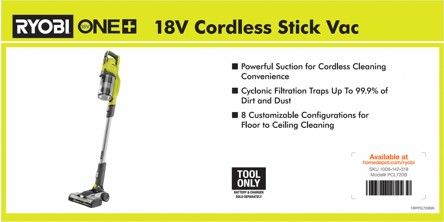 RYOBI 18V ONE+ STICK VAC TOOL-ONLY 6X12