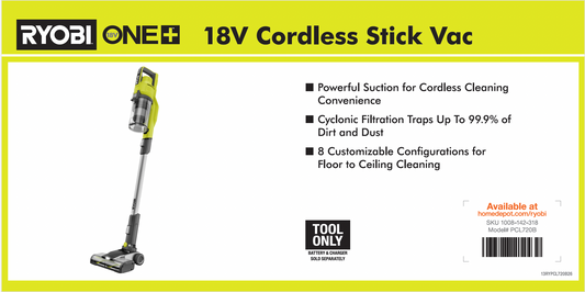 RYOBI 18V ONE+ STICK VAC TOOL-ONLY 6X12