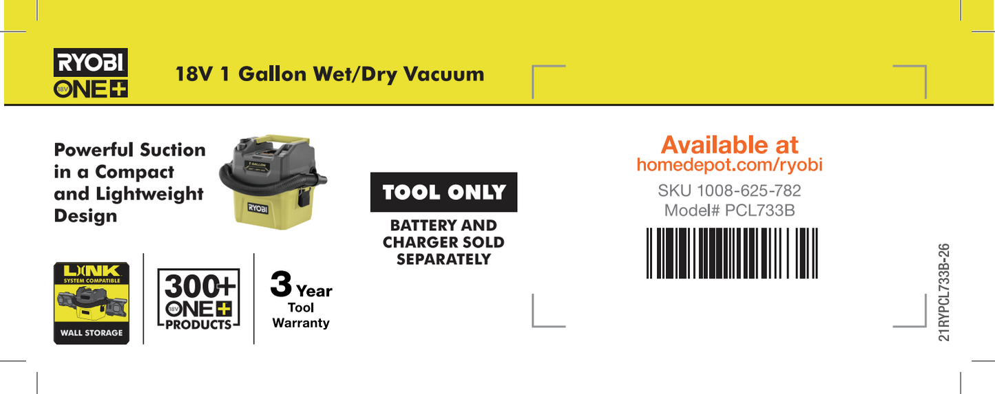 RYOBI ONE+ 1 Gallon Wet Dry Vac Beam Label