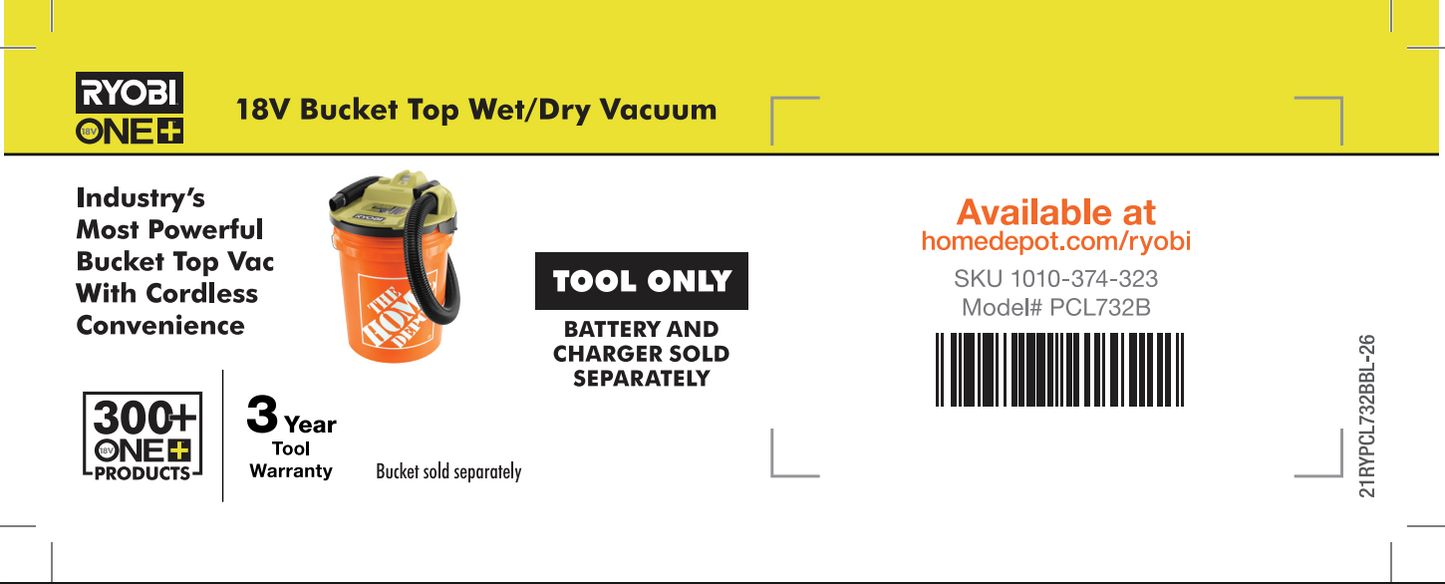 RYOBI ONE+ Bucket Top Wet Dry Vac Beam Label