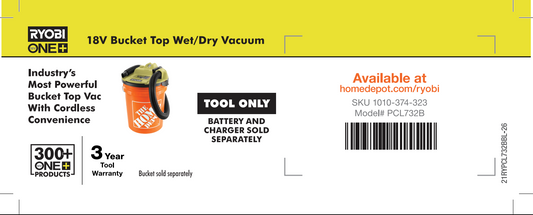 RYOBI ONE+ Bucket Top Wet Dry Vac Beam Label