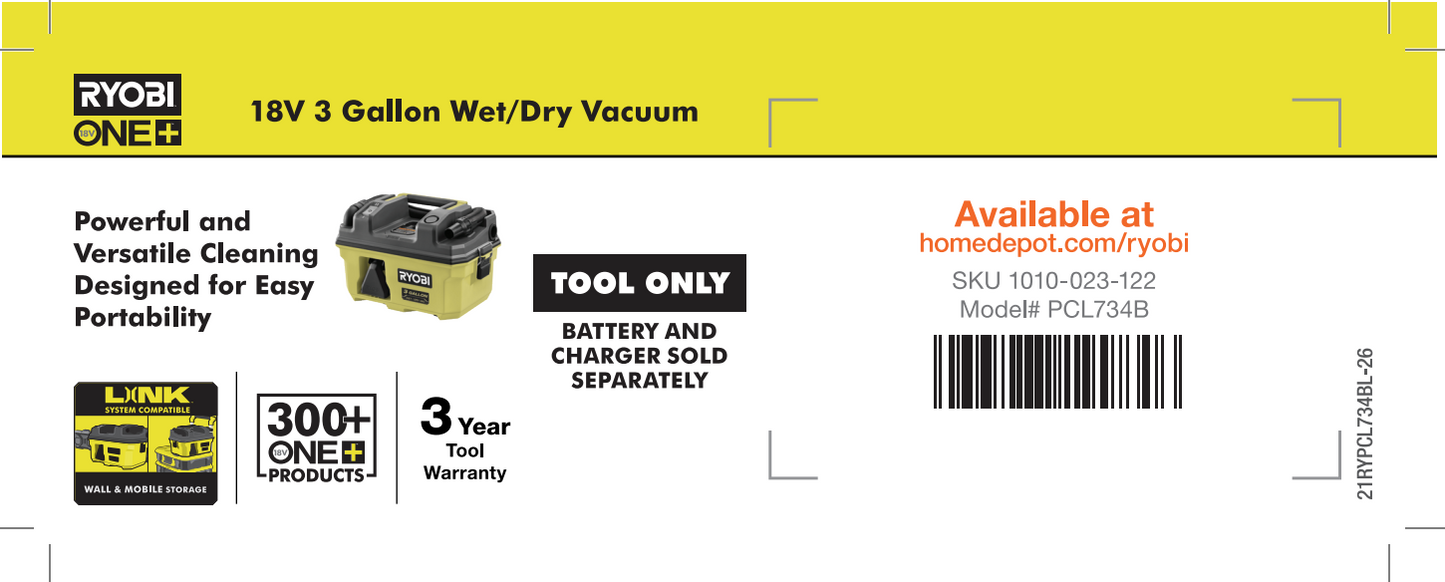 RYOBI ONE+ 3 Gallon Wet Dry Vac Beam Label