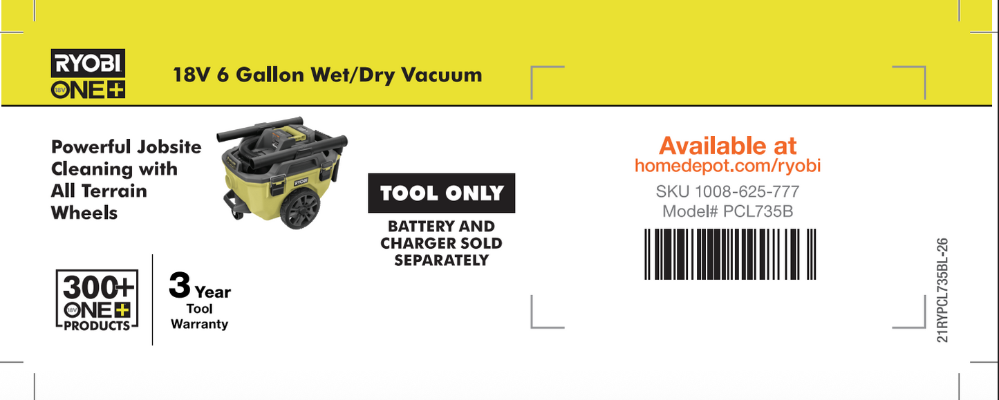 RYOBI ONE+ 6 Gallon Wet Dry Vac Beam Label