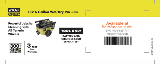 RYOBI ONE+ 6 Gallon Wet Dry Vac Beam Label