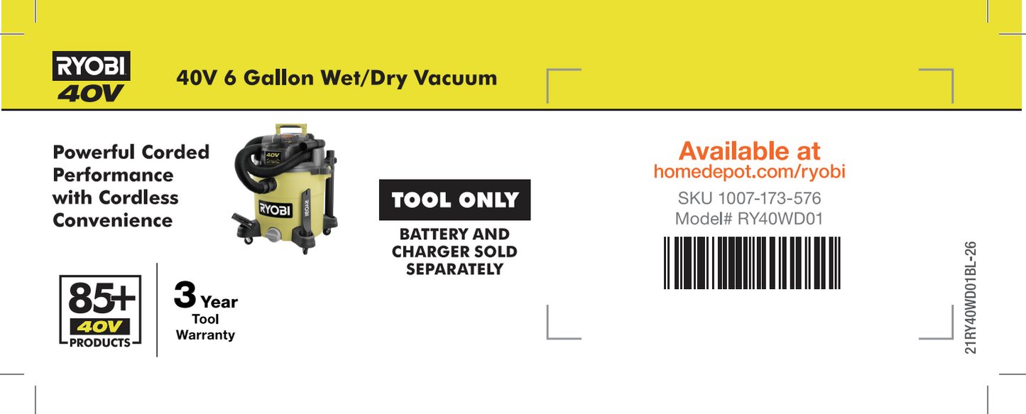 RYOBI 40V 6 Gallon Wet Dry Vac Beam Label