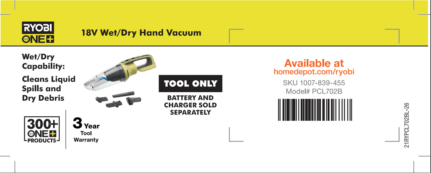 RYOBI ONE+ Wet Dry Hand Vac Beam Label