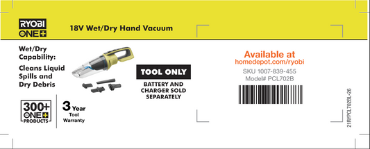 RYOBI ONE+ Wet Dry Hand Vac Beam Label