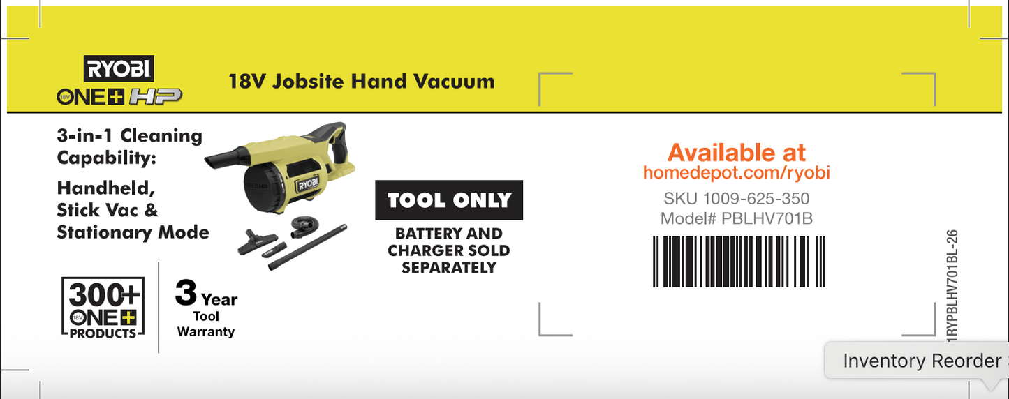 RYOBI ONE+ HP Wet Dry Hand Vac Beam Label