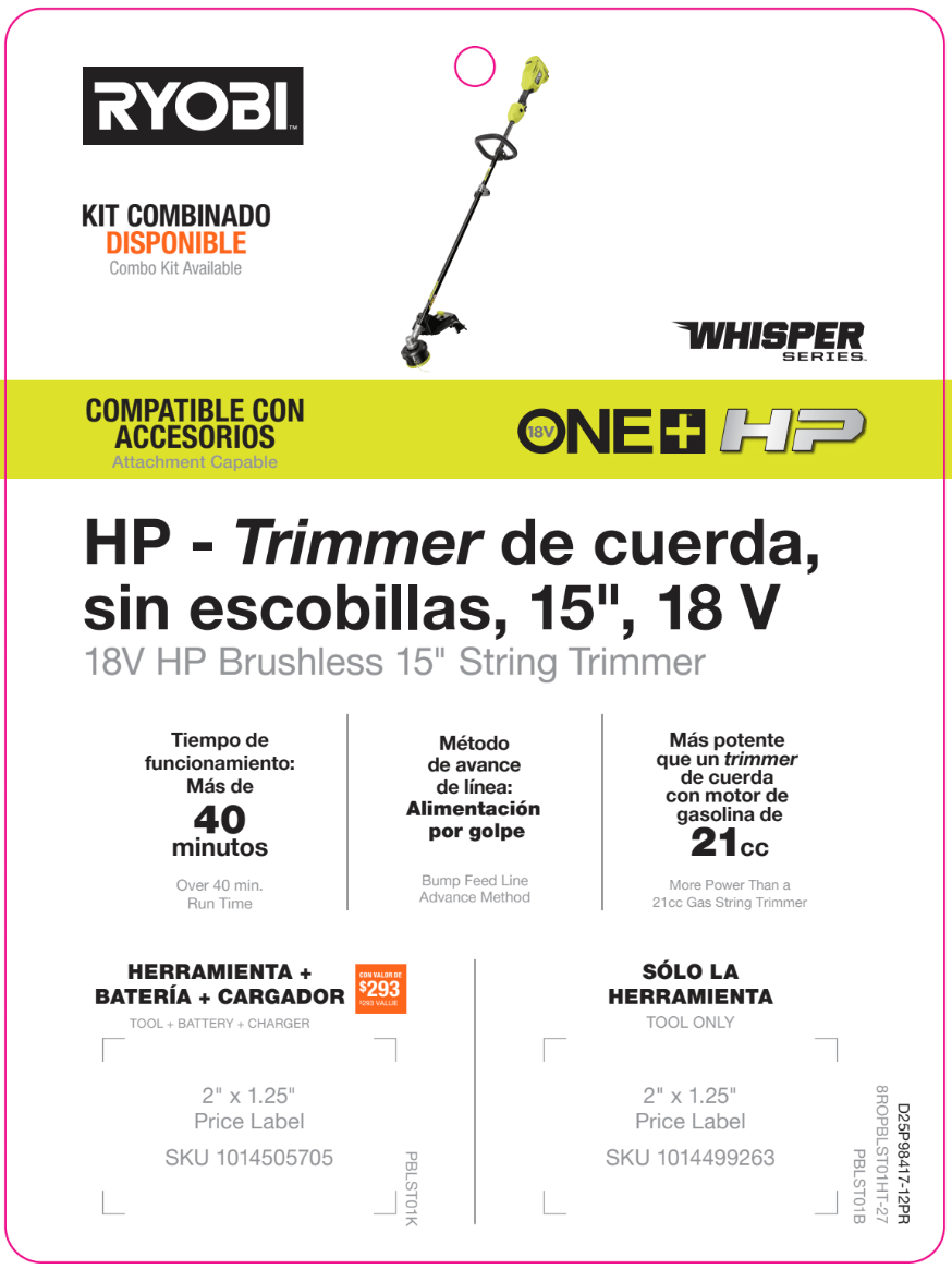 18V HP 15" String Trimmer Hang Tag - PR