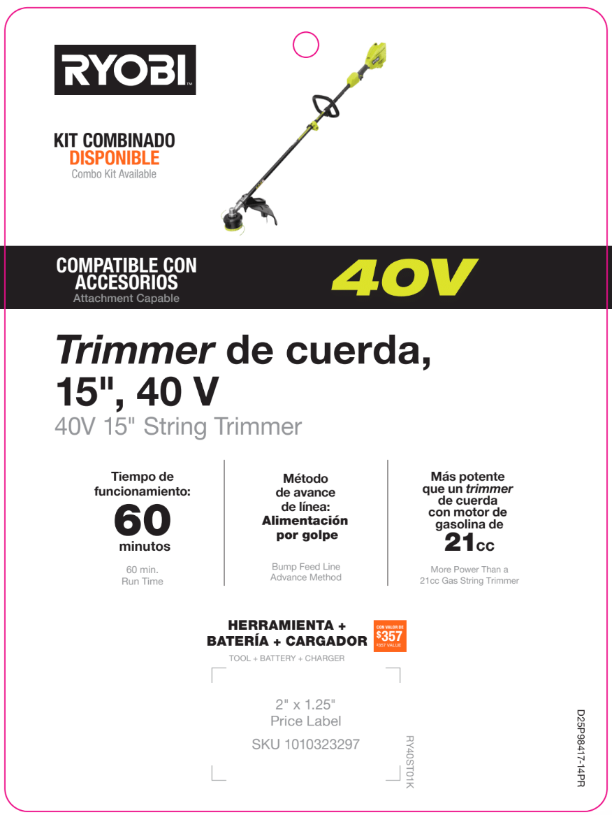 40V 15" String Trimmer Hang Tag - PR