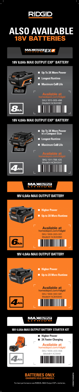 RIDGID Battery and Charger Also Available 4x21 Channel POP